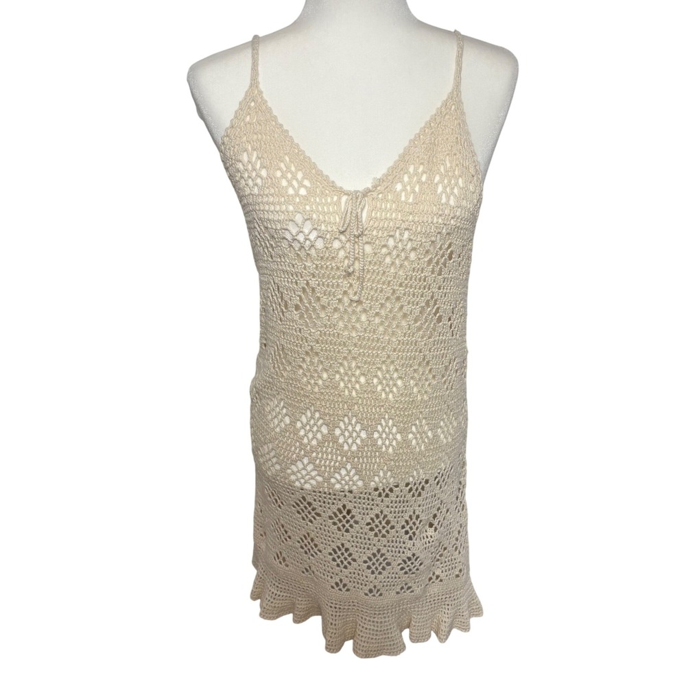 Aerie Crochet Knit Midi Dress Boho Ruffle Hem Beach Coverup Cream Festival sz M